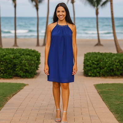 Vestido halter Guess Los Angeles para mujer XS azul real forrado cuentas doradas par de vacaciones Foto 1 de 4