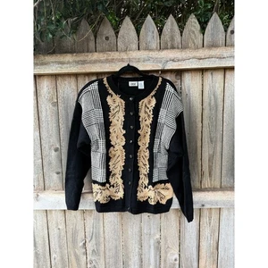VTG black Ramie Cotton LUCIA black white gold SWEATER cardigan Size Large - Picture 1 of 4