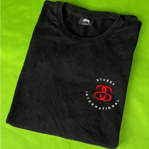 Large Y2K Stussy International Logo T Shirt Mens Black Red Embroidered - Picture 1 of 6