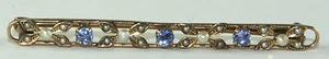EDWARDIAN ANTIQUE 10K GOLD NATURAL PEARL CORNFLOWER SAPPHIRE BAR PIN - Picture 1 of 3