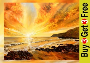 Fiery Sunset Seascape 5"x7" Print on Matte Paper | Blazing Coast Oil Art - Picture 1 of 17