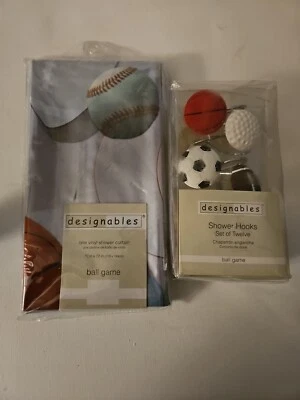 Designables Vinyl Ball Game Shower Curtain And 12 Shower Hooks New In Box - Image 1 of 4