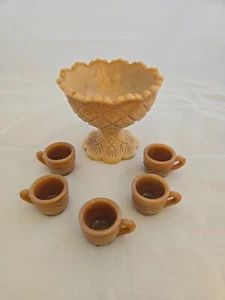 Vintage Miniature Child’s Brown Caramel Slag Glass Punch Bowl & 5 Mugs Set - Bild 1 von 20