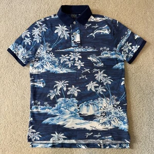 Polo Ralph Lauren Men's Shirt Size XS Navy Blue Hawaiian Coastal Fish Aloha Pony - Picture 1 of 11