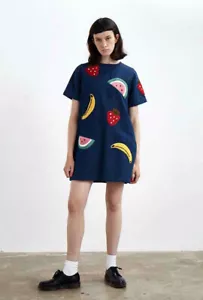 New Lazy Oaf Fruit Patch Denim Tunic Dress Size UK Small - Picture 1 of 5