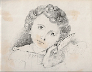 DESSIN  FUSAIN, pierre noire signé B. A. ( Berthe Adam). Enfant au lapin. 1880.