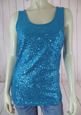 Lynn Ritchie Silver Tank Top S NEW Teal Sequins Rayon Spandex Stretch Lined CHIC - Image 1 of 4