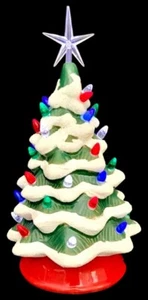 Green Flocked Ceramic 13 in. Christmas Tree Pre-Lit Hand Painted with Lights - Picture 1 of 5