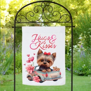 Valentines Day Dog Garden Flag Yorkshire Terrier Hugs Kisses Outdoor Yard Decor - Picture 1 of 4