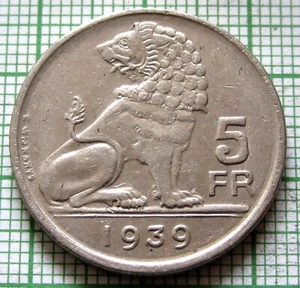 BELGIUM LEOPOLD III 1939 5 FRANCS, BELGIE BELGIQUE NICKEL WWII coinage - Picture 1 of 6