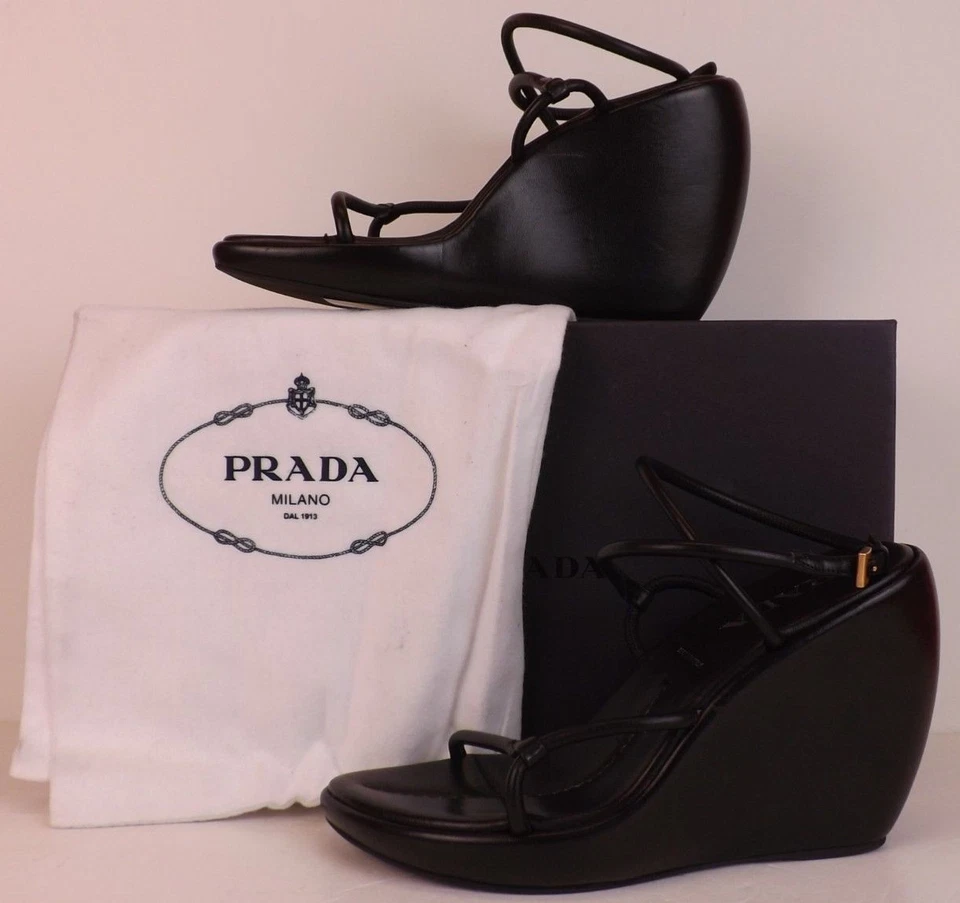 PRADA Black Leather Crisscross Ankle Strap Wedge Heel Platform Sandals 37