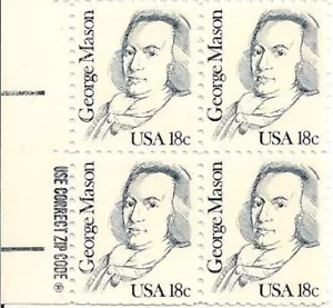 US 1858 Great Americans George Mason 18c zip block LL MNH 1980 - Picture 1 of 1