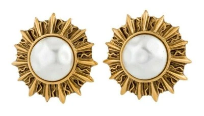 CHANEL Earrings 70s 80s Pearl Sunburst Gold Plated Vintage - Image 1 of 4