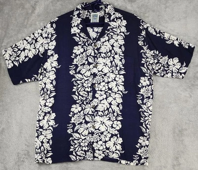 Ocean Current Shirt Mens Large Blue White Hawaiian Floral Button Up Rayon Aloha - Image 1 of 4