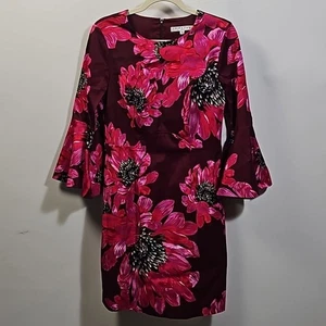 Trina Turk langärmliges Damenkleid Blumendruck Größe 6 rot pink schwarz - Bild 1 von 14