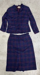 Damen Wolle 2-teiliges Rock Anzug Set Rock kariert blau rot Vintage 1960’s DAVIDDOW Gr. SM - Bild 1 von 9