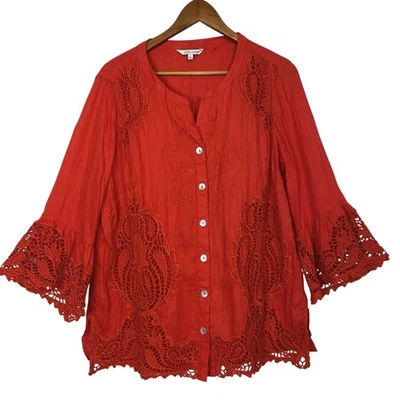 John Mark Large 100% Linen Red Peasant Top Boho Shirt Crochet Lace Blouse Artsy - Image 1 of 4