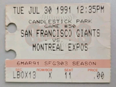 San Francisco Montreal Expos Baseball Ticket Stub 7/30 1991 Clark Williams 2 HRs - Image 1 of 2