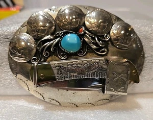 Native American Turquoise & Coral Buffalo Nickel Knife Holder LARGE Belt Buckle - Picture 1 of 17