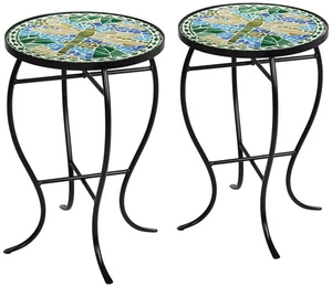 Black Outdoor Accent Tables 14" Wide Set of 2 Green Dragonfly Mosaic Porch Patio - Picture 1 of 7
