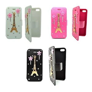 CASE APPLE IPHONE 5 5S CLEAR RHINESTONE EFFIE TOWER PINK FLOWER WALLET COVER - Picture 1 of 10