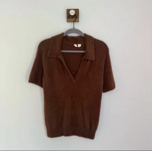 Moth Small Fuzzy Knit Short Sleeve Sweater 70s Retro Stretch Disco Collared Top - Picture 1 of 8