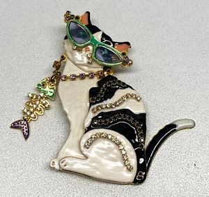 LUNCH AT THE RITZ 2 GO Gold Metal Enamel Crystal CAT & SUNGLASSES Brooch/Pin - Picture 1 of 1