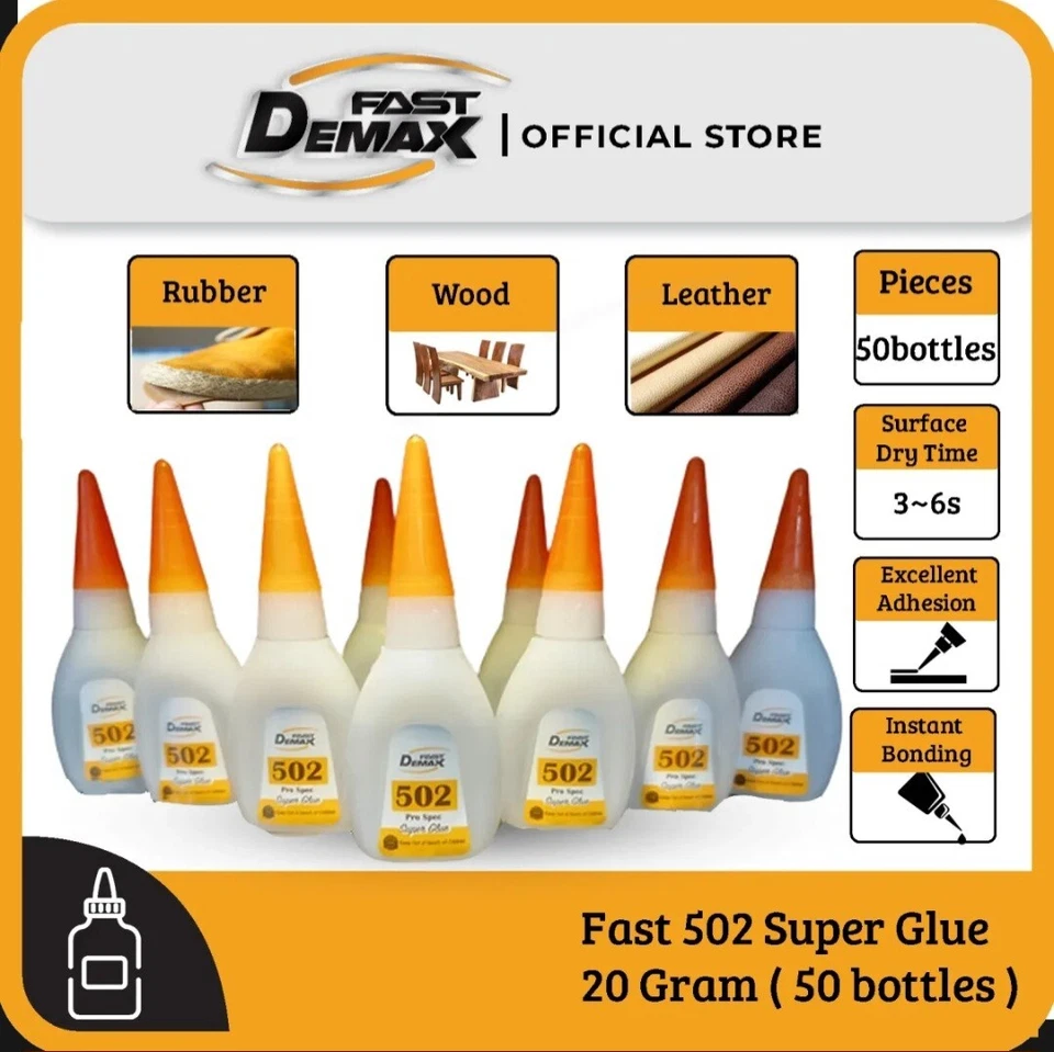 DEMAX Fast 502 Super Glue - 20 Gram ( 50 bottles ) Wood Glue Gam Kuat Gam Kayu - Image 1 of 4