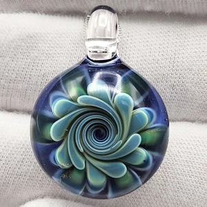 Art Glass Flower Pendant Necklace Blue Green Succulent Mum Sterling Silver 925 - Picture 1 of 15