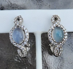 Moonstone and White Zircon Omega Clip Earrings in Platinum Over Sterling 5.50ctw - Picture 1 of 10