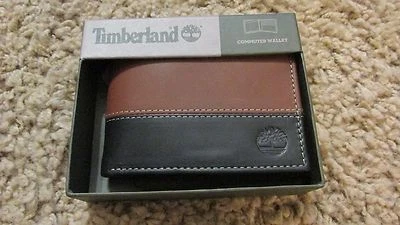 TIMBERLAND Hombres Cuero Genuino Pasaporte Doble Plegable CARTERA Nuevo Dos Tonos Marrón Negro Foto 1 de 4