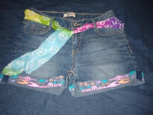 ROUTE 66 GIRL'S SIZE 16 DENIM BLUE JEAN SHORTS PEACE SIGN SCARF & CUFFED - Picture 1 of 2