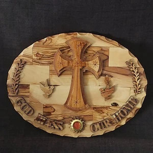 God bless our home plaque olivewood hanging wall hand made from holy land 9.4" - Picture 1 of 3