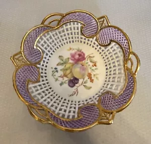 "Ciotola floreale vintage in pizzo viola reticolato oro singhiozzata dipinta a mano 7" - Foto 1 di 12