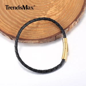 Brazalete de cuerda de cuero trenzado negro de 4 mm para hombre y mujer cierre de empuje dorado 7/8/9/10" - Imagen 1 de 4