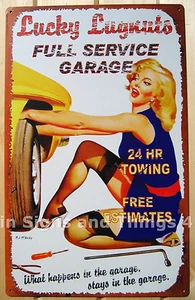 Lucky Lugnuts Girl TIN SIGN vintage rustic advertising metal funny garage decor - Picture 1 of 5