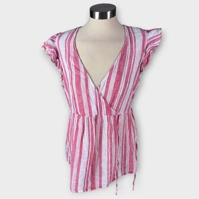 Old Navy Maternity L Wrap Sleeveless Pink White Stripe Top Linen Cotton Blend - Image 1 of 4