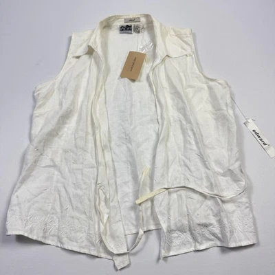 Edward Vest Womens Large White Irish Linen Embroidered Open Front Sleeveless Top - Image 1 of 4