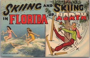 FLORIDA Comic Postcard Waterskiing / Snow Skiing "Up North" Curteich Linen c1947 - Picture 1 of 2