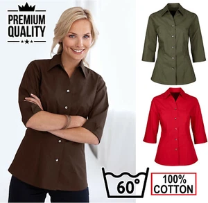 Womens Cotton Shirt 3/4 Sleeve Summer Blouse Smart Work Office Uniform Workkwear - Picture 1 of 8