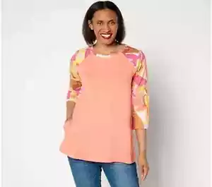 LOGO by Lori Goldstein Cotton Slub Print Mix Swing Top,Living Coral Large A64823 - Picture 1 of 4