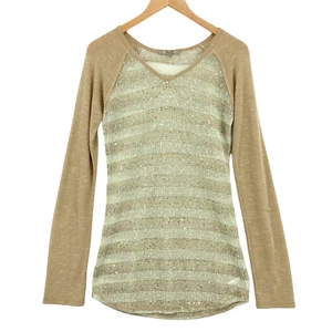 Miss Me Women's Tan Striped Long Sleeve Sequin T-Shirt Top Size Large - Picture 1 of 10