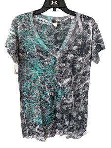 Cruel Girl V Neck Graphic Tee Womens 2XL Gray & Teal Abstract Design Cotton Blen - Picture 1 of 6