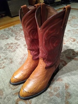 TONY LAMA SMOOTH OSTRICH & BROWN LEATHER R TOE COWBOY BOOTS #CZ906 MEN'S 8.5EE - Image 1 of 4