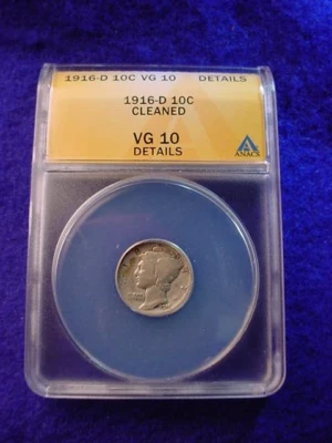 1916-D MERCURY DIME ANACS CERTIFIED VERY GOOD-10 DETAILS TERRIFIC RARE DATE  #16 - Image 1 of 4