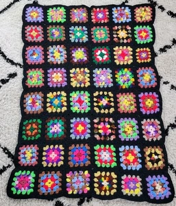 Granny Square Afghan 47"x35" Handmade Vtg Colorful Lap Blanket Throw Wheelchair - Picture 1 of 8
