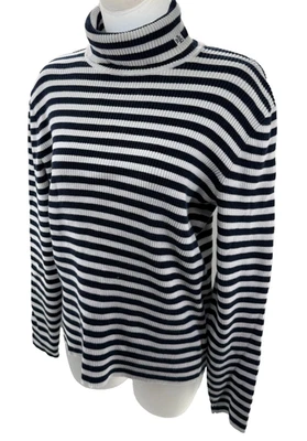 Lauren Ralph Lauren 海军蓝和白色条纹海龟复古 90 年代针织毛衣大号 — 第 1/4 张图片