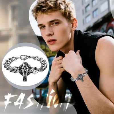 Men's Viking Celtic Cross Hexagram Cuban Bracelet Stainless Steel Cuban Chain - Image 1 of 4