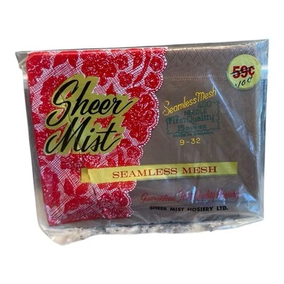 "Medias de malla sin costuras de niebla transparente vintage beige talla 9 15 denier 32""" Foto 1 de 2