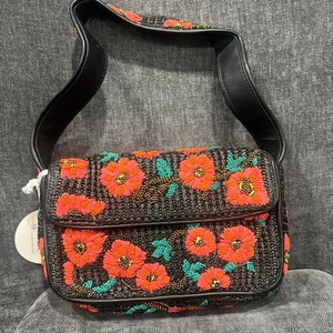 STAUD Tommy Raffia Beaded Bag California Poppy Floral - Picture 1 of 19